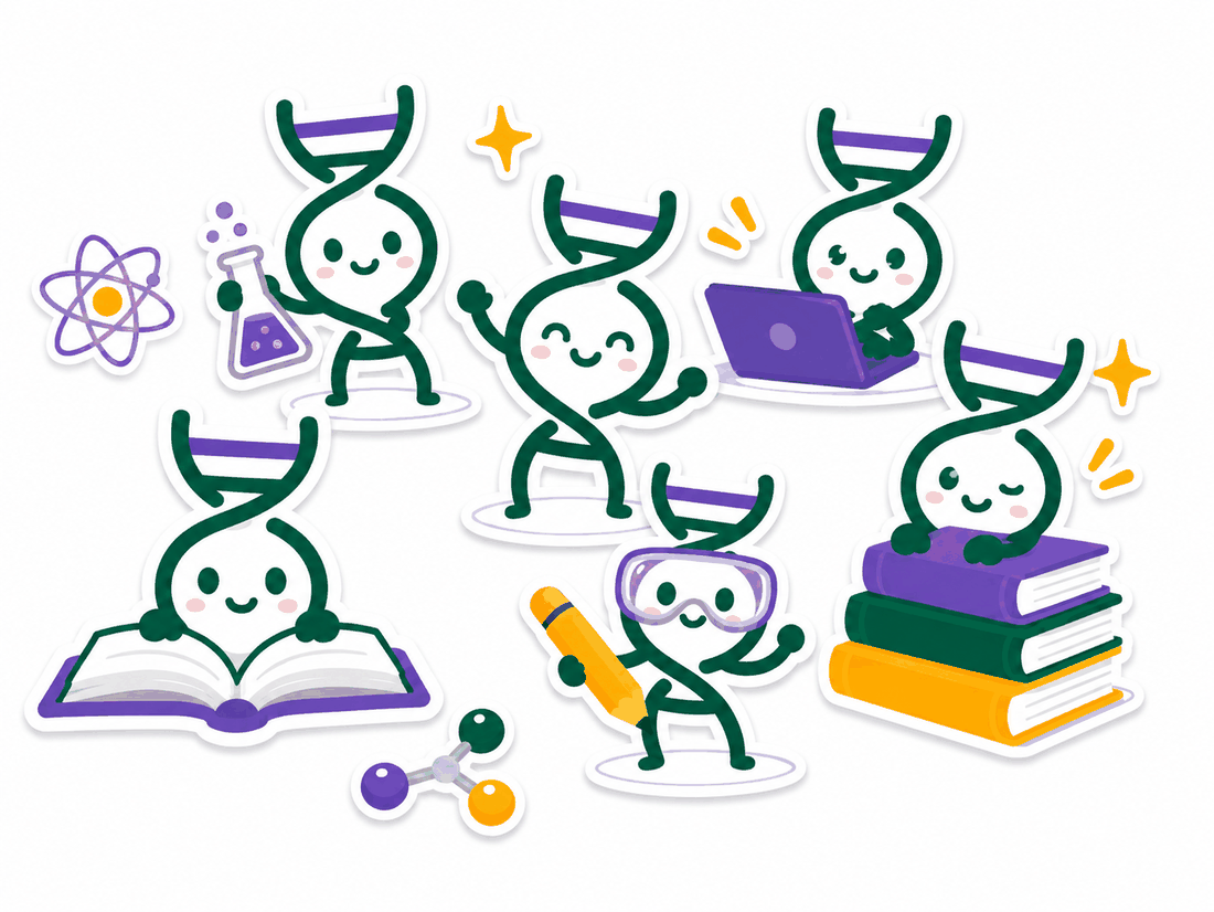 Illustration of DNA mascots doing science, reading, and studying