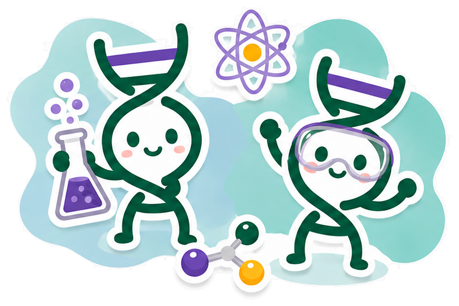 Illustration of DNA mascots experimenting with a flask and molecule model