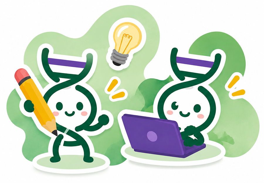 Illustration of DNA mascots writing and working on a laptop