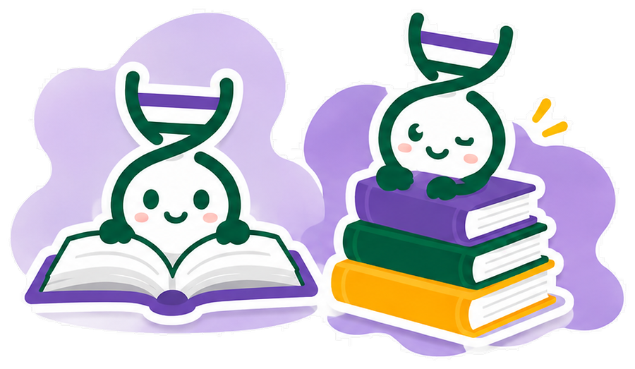 Illustration of DNA mascots reading a stack of books